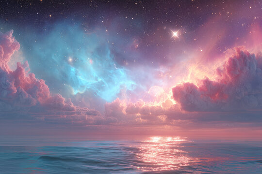 Cosmic sky reflection on ocean surreal landscape