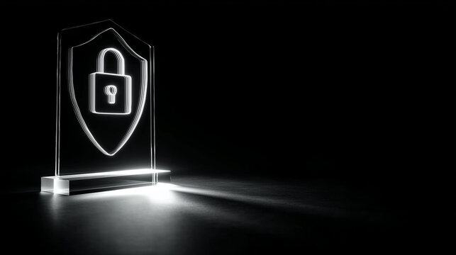 Digital security shield lock icon glowing on black