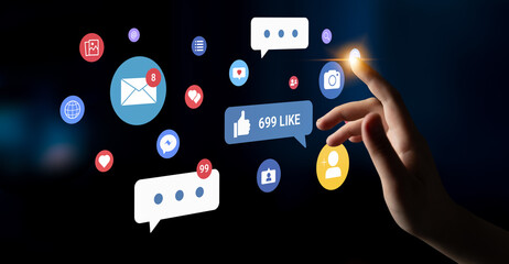 Multiple social media icons, likes, messages, and notifications representing online interaction, engagement, and digital communication Parse