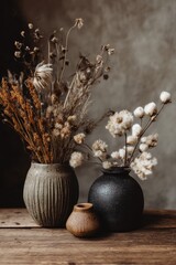 Elegant Still Life - Dried Flowers in Ceramic Vases, Moody Lighting, Rustic Aesthetic.