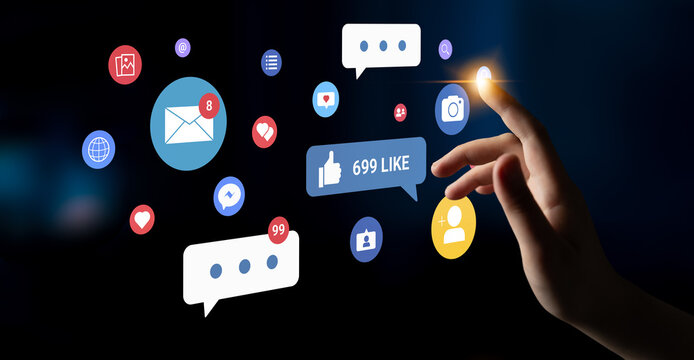Multiple social media icons, likes, messages, and notifications representing online interaction, engagement, and digital communication Parse - Powered by Adobe