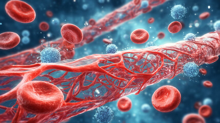 Micro blood vessel with red cells medical concept