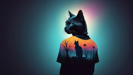 A human body with a cat&rsquo;s head and a cat illustration on the T-shirt &mdash; an abstract figure with a human silhouette.