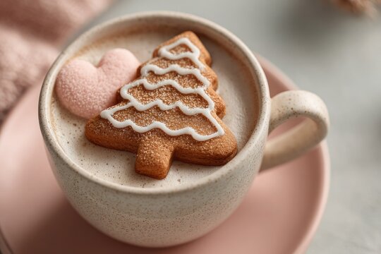 Gingerbread cookies in the shape of a Christmas tree, decorated with white icing and heart in a cup of cocoa a Christmas treat. Bakery and cafe background. Soft pastel tones. Seasonal holiday card.