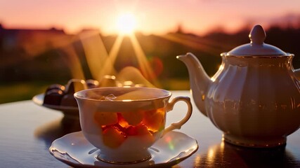 A porcelain teapot sits beside a delicate teacup filled with tea and floating fruit, capturing the warm sunlight at sunset. This serene setting evokes comfort and relaxation. - Powered by Adobe