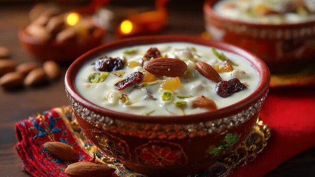 Delicious indian kheer or payasam dessert, a traditional sweet rice pudding garnished with nuts and dried fruits