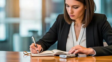 Businesswoman in suit taking notes at desk with calculator and notepad video generative ai - Powered by Adobe