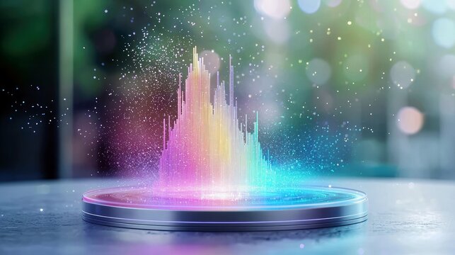 A vibrant, multi-colored sound wave rises from a circular platform, surrounded by sparkling particles against a soft, blurred background.