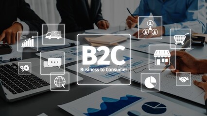 Explore the business to consumer concept illustrated with digital icons in a modern office,...