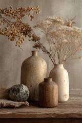 Rustic Still Life - Earthy Tones, Dried Botanicals, and Textured Vases on Weathered Wood.