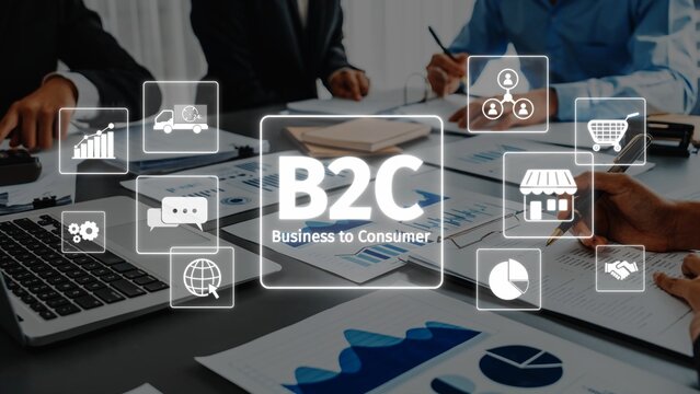 Explore the business to consumer concept illustrated with digital icons in a modern office, focusing on strategies and analytics to enhance market engagement and user experience. Raster