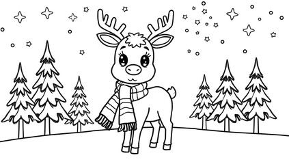 Cute Christmas reindeer coloring page for kids, outlined cartoon style, thick clean black lines, big innocent eyes