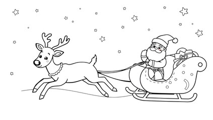 Cute Christmas scene of reindeer pulling Santa&rsquo;s sleigh, coloring page for kids, outlined cartoon style