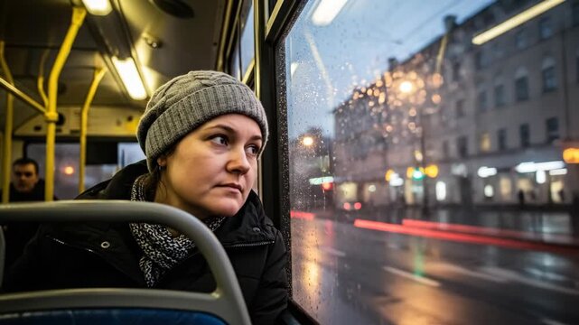 Pensive woman on night city bus journey observes urban lights through rainy window