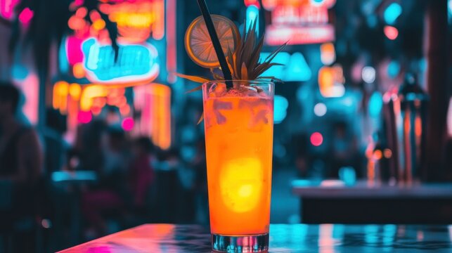 Vibrant orange cocktail at night, neon lights bokeh - Powered by Adobe