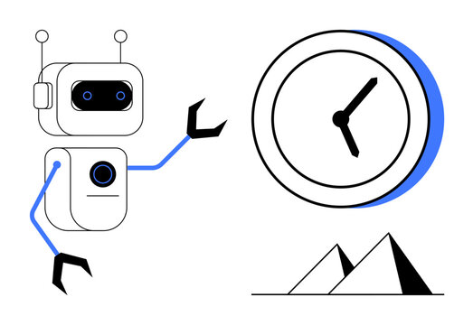 Humanoid robot with mechanical arms next to large minimalist clock and stylized pyramids. Ideal for themes thumbs up automation, time, history, innovation, technology, future, and progress in