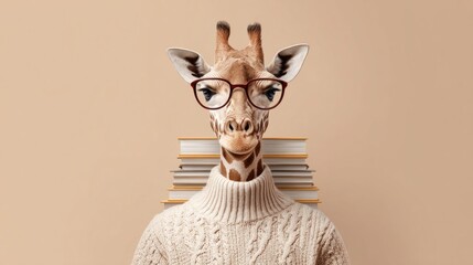 A giraffe wearing glasses and a sweater, with a stack of books behind it