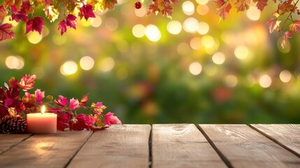 Autumnal scene on wooden planks with candle and leaves. Soft bokeh background