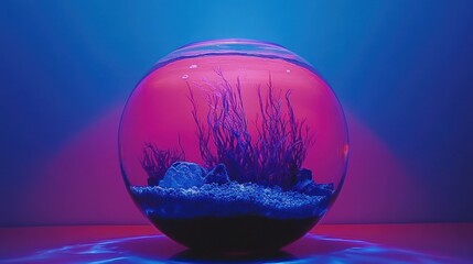Round glass aquarium with vibrant neon lighting