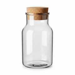 Clear Glass Jar with Cork Stopper Isolated on White Background.