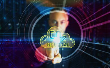 CO2 neutral zero emission symbol digital 3d finger touch