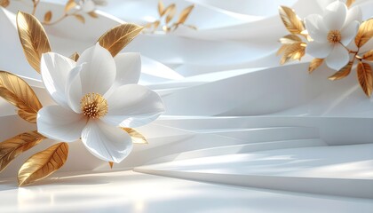Fototapeta premium Elegant 3D white magnolia flowers with golden leaves on abstract geometric white background.