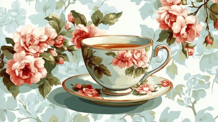 Teacup surrounded by roses on floral background