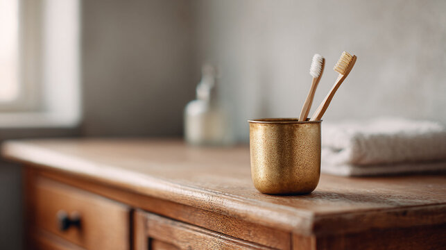 Ecofriendly bathroom still life featuring wooden toothbrushes in a goldtoned holder. A clean and minimal image conveying selfcare, wellness, and sustainable living.