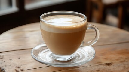 Latte art in clear glass cup on wooden table