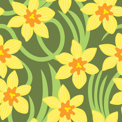 Vector seamless pattern with daffodils flowers on a green background