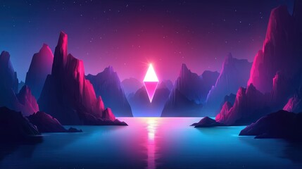 Pink diamond shape in stylized landscape at night