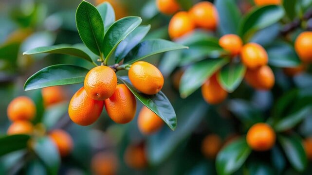 kumquat fruit slow zoom-out on a branch, surrounded by lush leaves. Citrus fruit, organic farming, and tropical food harvest.