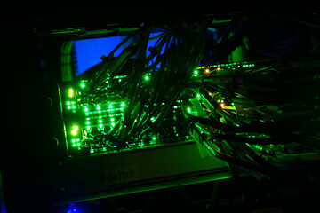 Brightly Lit Network Switch with Cables
