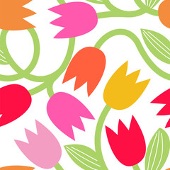 Vector seamless pattern with intertwining tulips on a white background