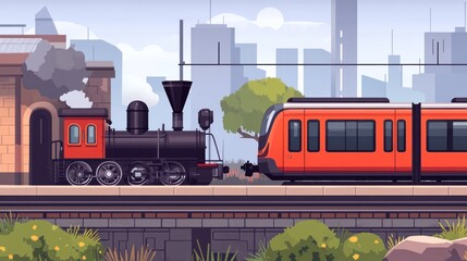 Vintage steam train and modern train at station in city