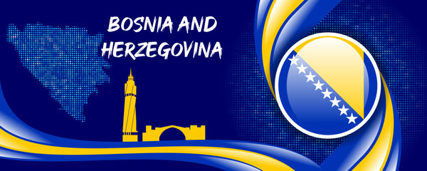 Bosnia and Herzegovina Flag with Map and Famous Landmarks in Blue and Yellow Abstract Background