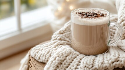 Cozy coffee in a clear mug, resting on a wooden stool draped with a knitted blanket, beside a window