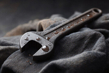 Closeup of an adjustable wrench resting on textured cloth, accented by water droplets. Evokes concepts of repair, craftsmanship,  industry. Ideal for industrial design.
