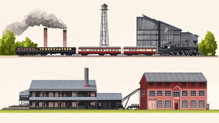 Industrial landscape, historical trains and buildings