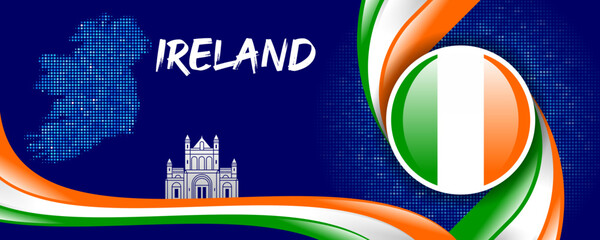 Ireland Flag with Map and Famous Landmarks in Green, White, and Orange Abstract Background