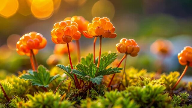 Cloudberry plants low-angle tracking shot across the ground. Wild fruit, arctic berry, organic harvest, and pristine wilderness nature.
