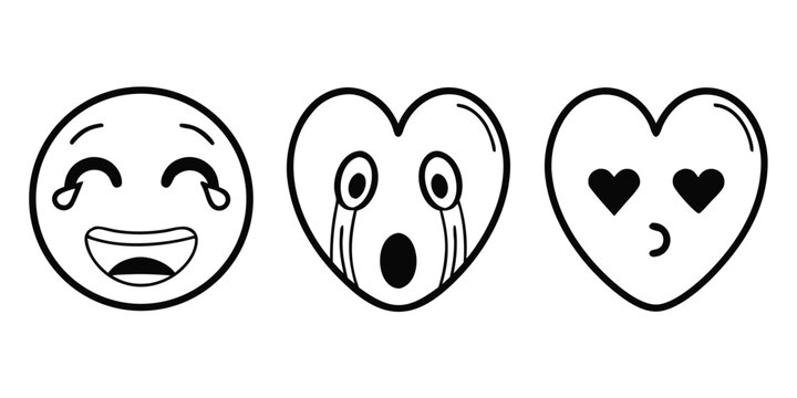 Three emoji icons expressing laughter sadness and love in a simple line art style