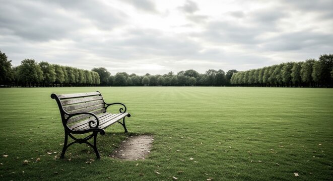 Lonely bench in a vast green field under a cloudy sky.
