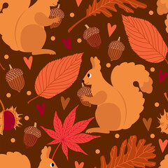 Vector autumn seamless pattern with leaves, squirrels, acorns and chestnuts