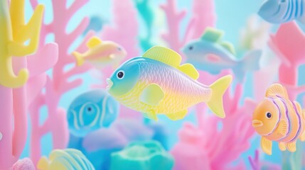Pastel-colored fish and coral reef scene