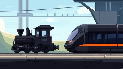 Futuristic train station with a vintage steam train