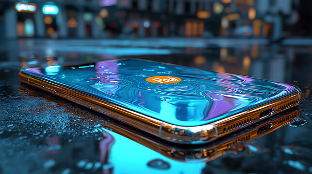 Sleek smartphone with iridescent finish rests on a rainslicked city street at night.
