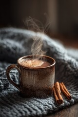 Steaming Hot Chocolate Mug with Cinnamon Sticks on Cozy Knitted Blanket, Warm Autumn Comfort.