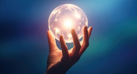Mystical hand holding glowing crystal ball against a blurred background.