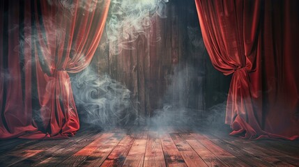 Opened red velvet stage curtains with wooden floor, smoky background and dramatic spotlight. Creates a mysterious theatrical atmosphere